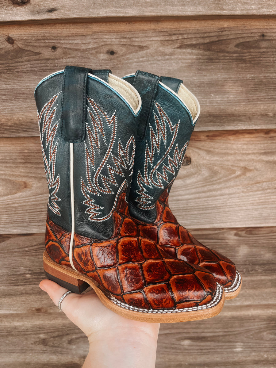 Men's Rustic Bone Fish Leather Boots With Red Shaft- Square Toe, Red  Square Toe Cowboy Boots